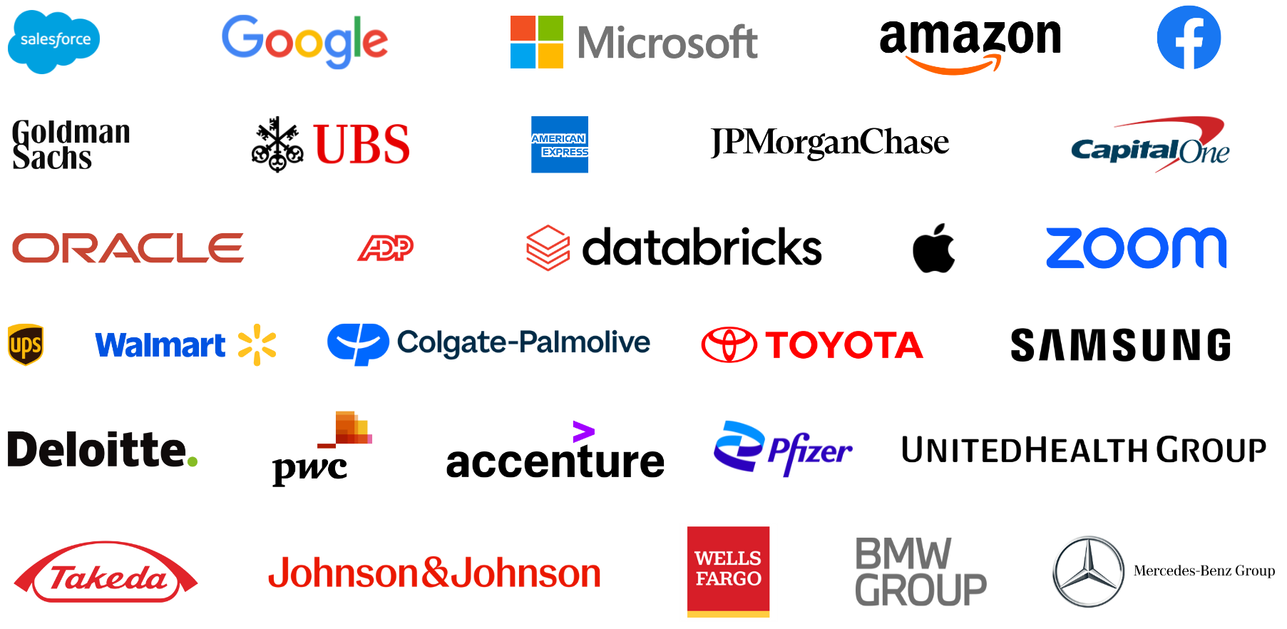 Companies attending AI Agent Conference including Salesforce, Google, Microsoft, Amazon, Facebook, Goldman Sachs, UBS, American Express, JPMorgan Chase, Capital One, Oracle, ADP, Databricks, Apple, Zoom, UPS, Walmart, Colgate-Palmolive, Toyota, Samsung, Deloitte, PwC, Accenture, Pfizer, UnitedHealth Group, Takeda, Johnson & Johnson, Wells Fargo, BMW Group, and Mercedes-Benz Group